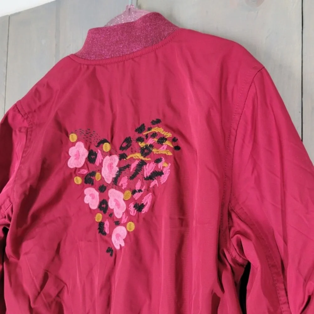 Catimini Bomber Jacket Kids 6 Pink Red‎ Embroidered Heart Floral Leopard Zip